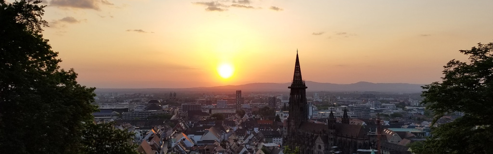 Freiburg skyline at sunset. The sun is casting a shadow over the large cathedral in the background.
